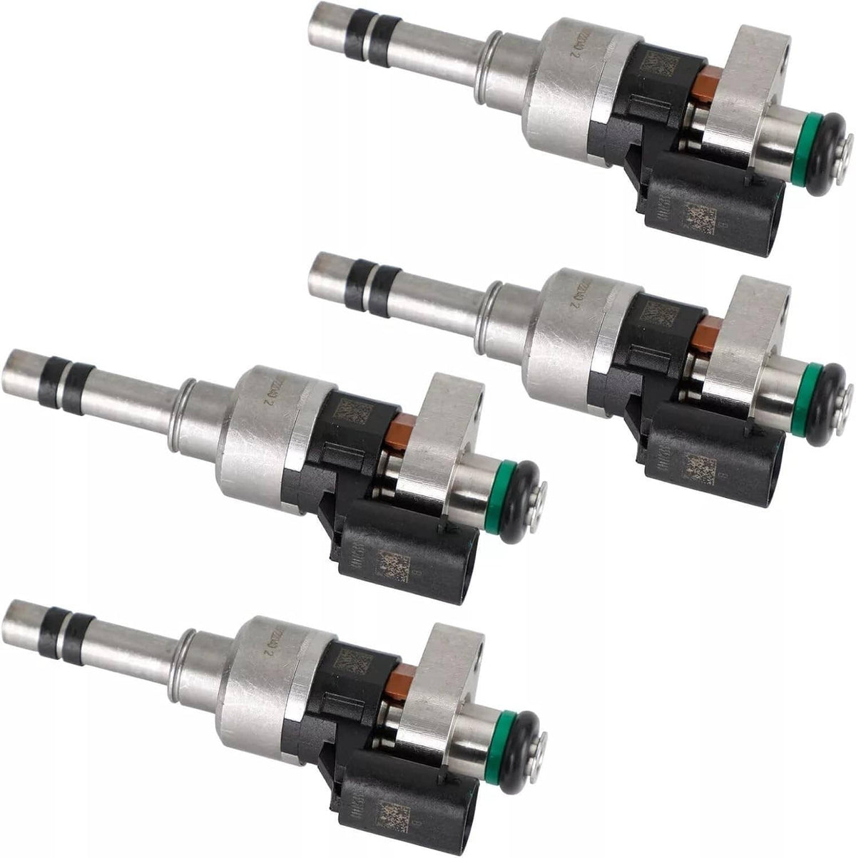 Fuel injector set of three with silver housings, orange seal band, and green O-rings