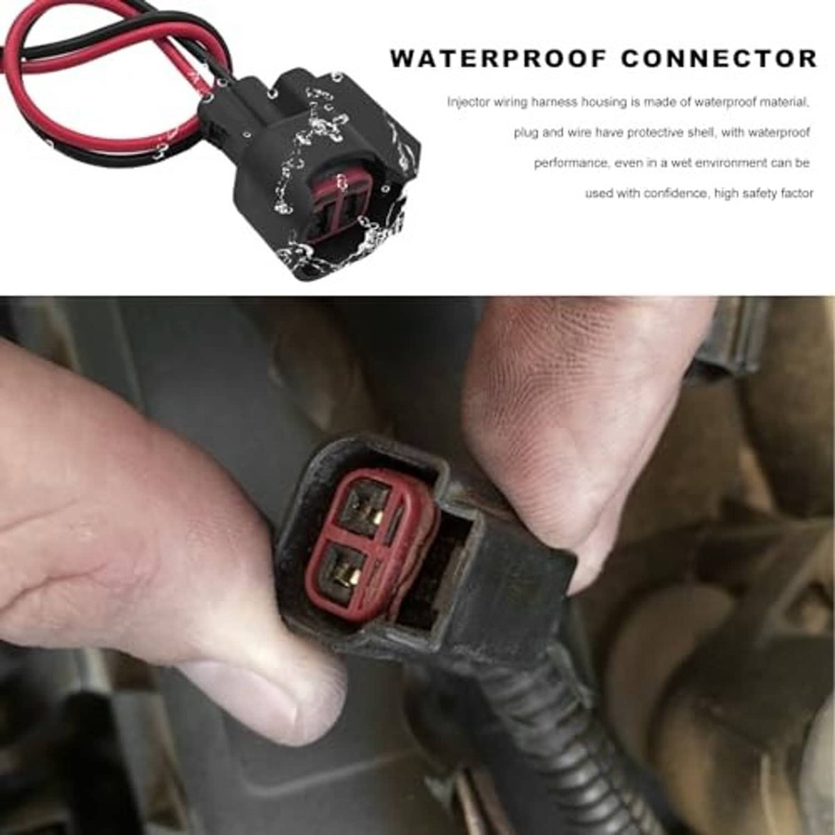 Waterproof fuel injector connector: black housing with red 2-pin terminals and red/black wires