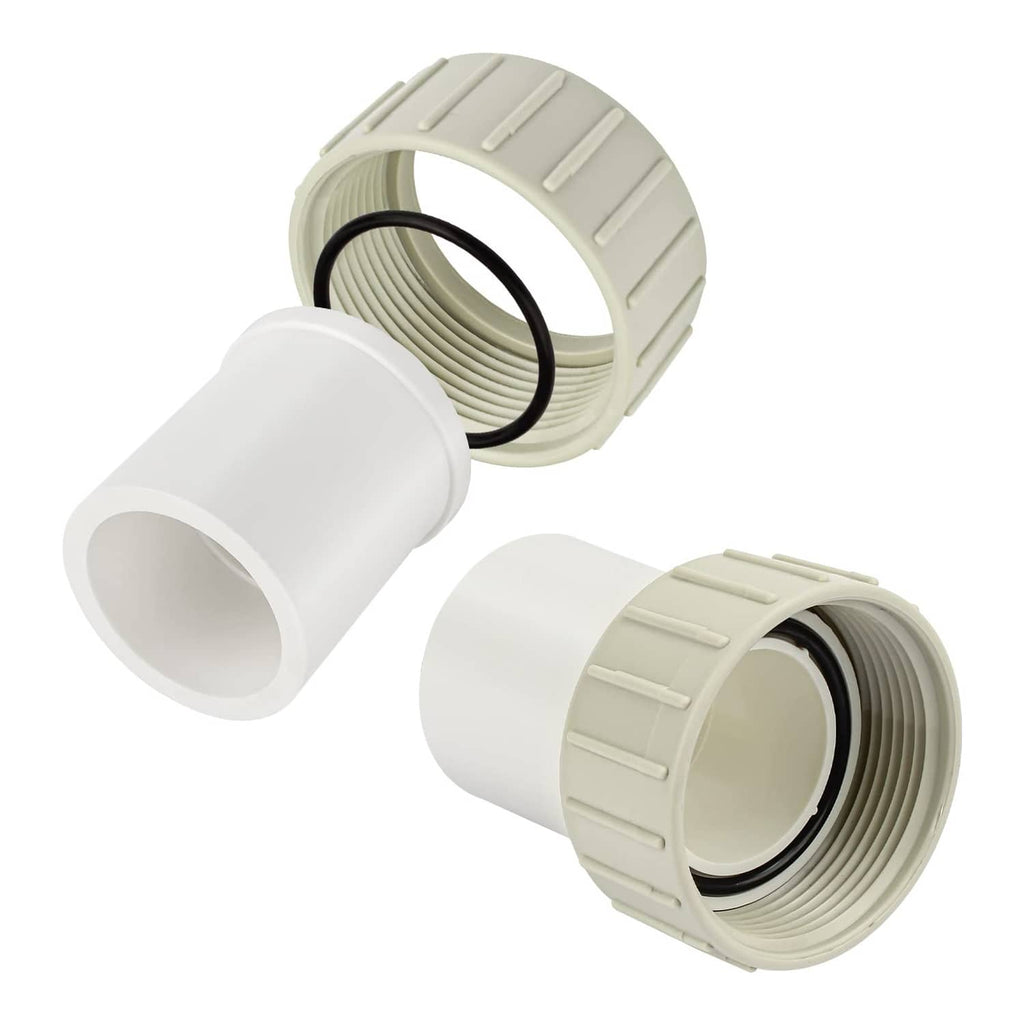 White PVC union kit with coupling nuts and black O-ring seal