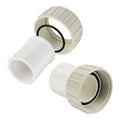 White PVC union kit with coupling nuts and black O-ring seal