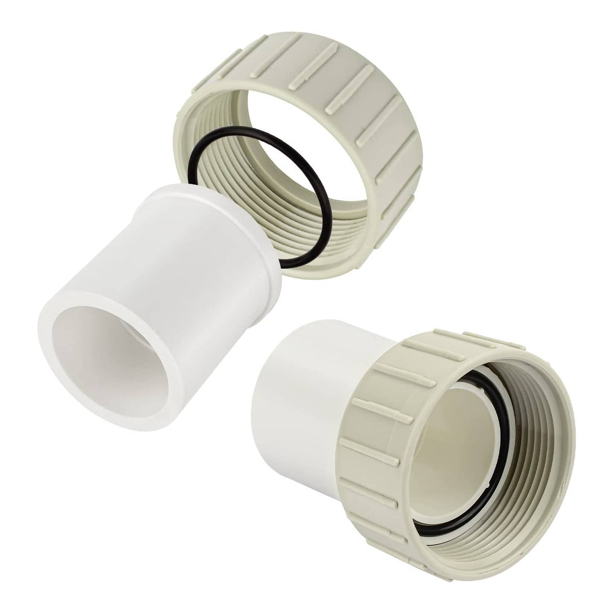 White PVC union kit with coupling nuts and black O-ring seal