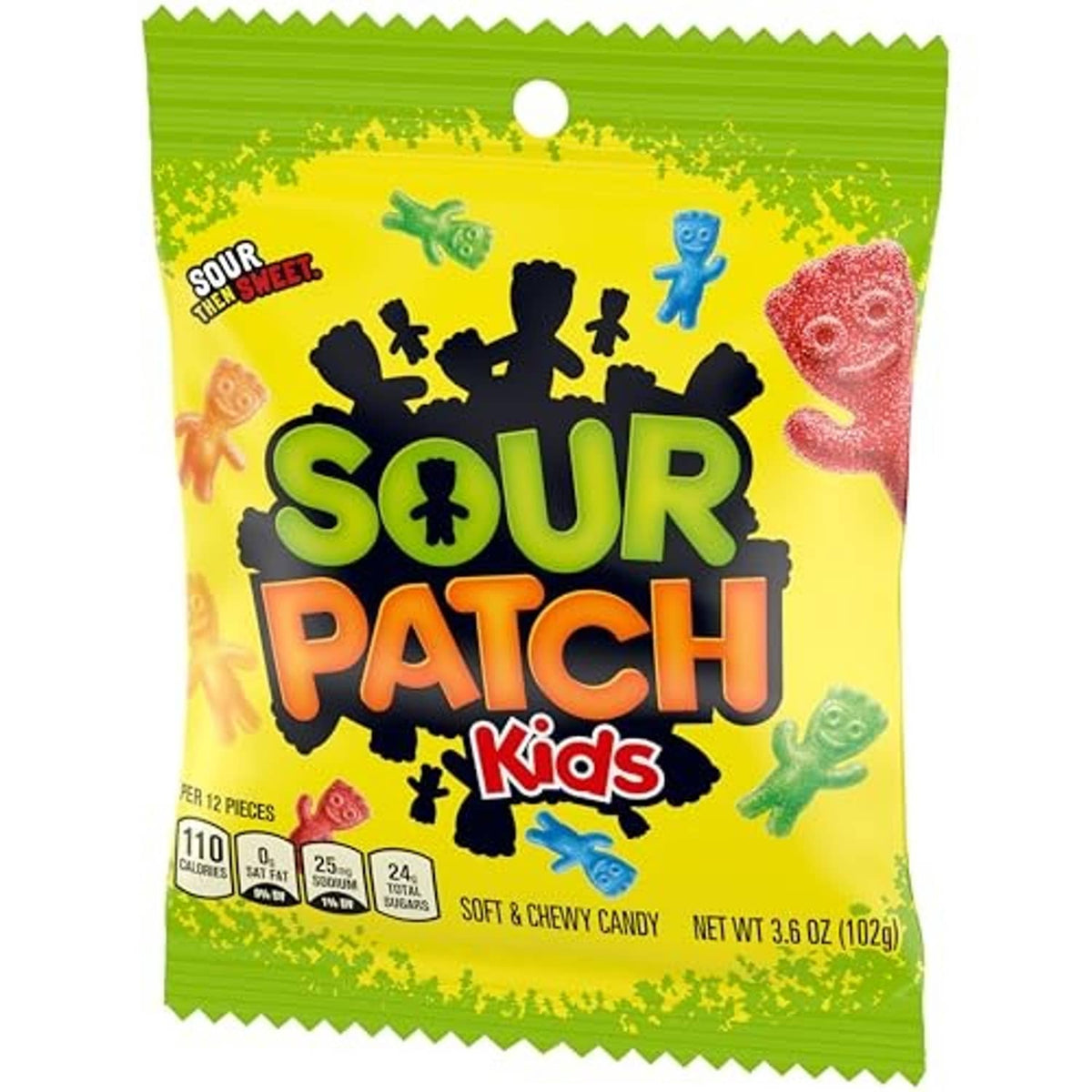 Sour candy bag with Sour Patch Kids logo and colorful character graphics, 3.6 oz