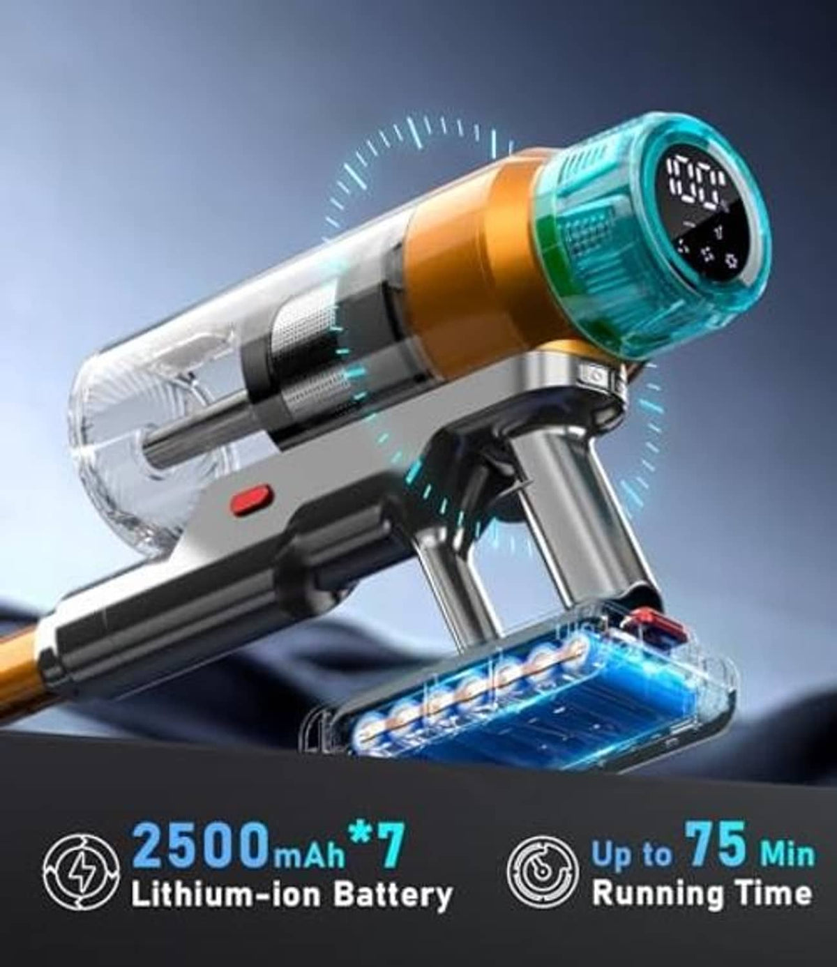 Cordless stick vacuum cleaner canister with teal filter and visible suction airflow vents