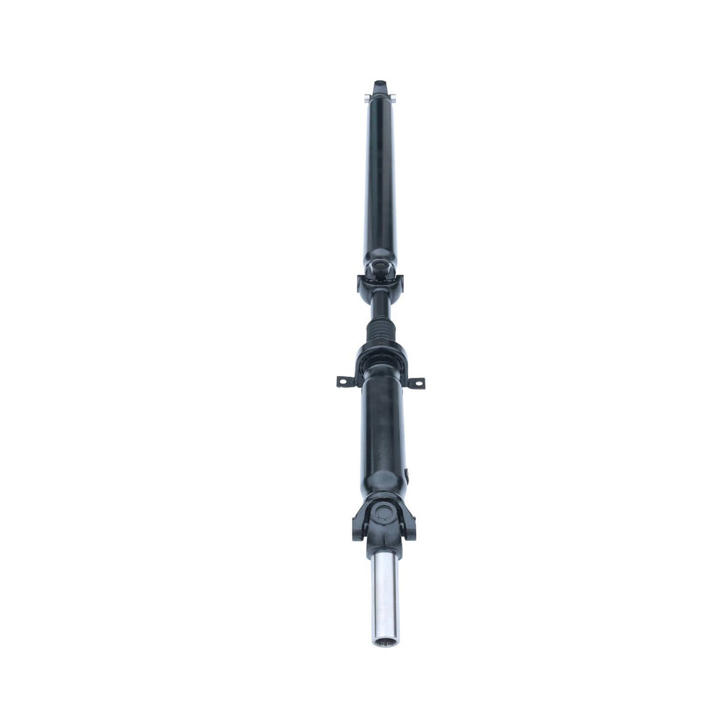 Rear driveshaft prop shaft assembly, vertical view of black tube with silver splined end