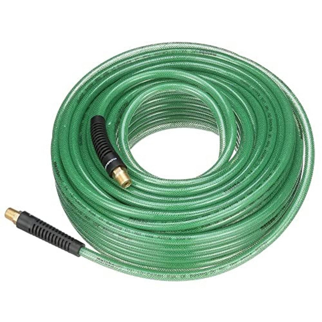 Coiled green polyurethane air hose with black connectors and brass fittings.