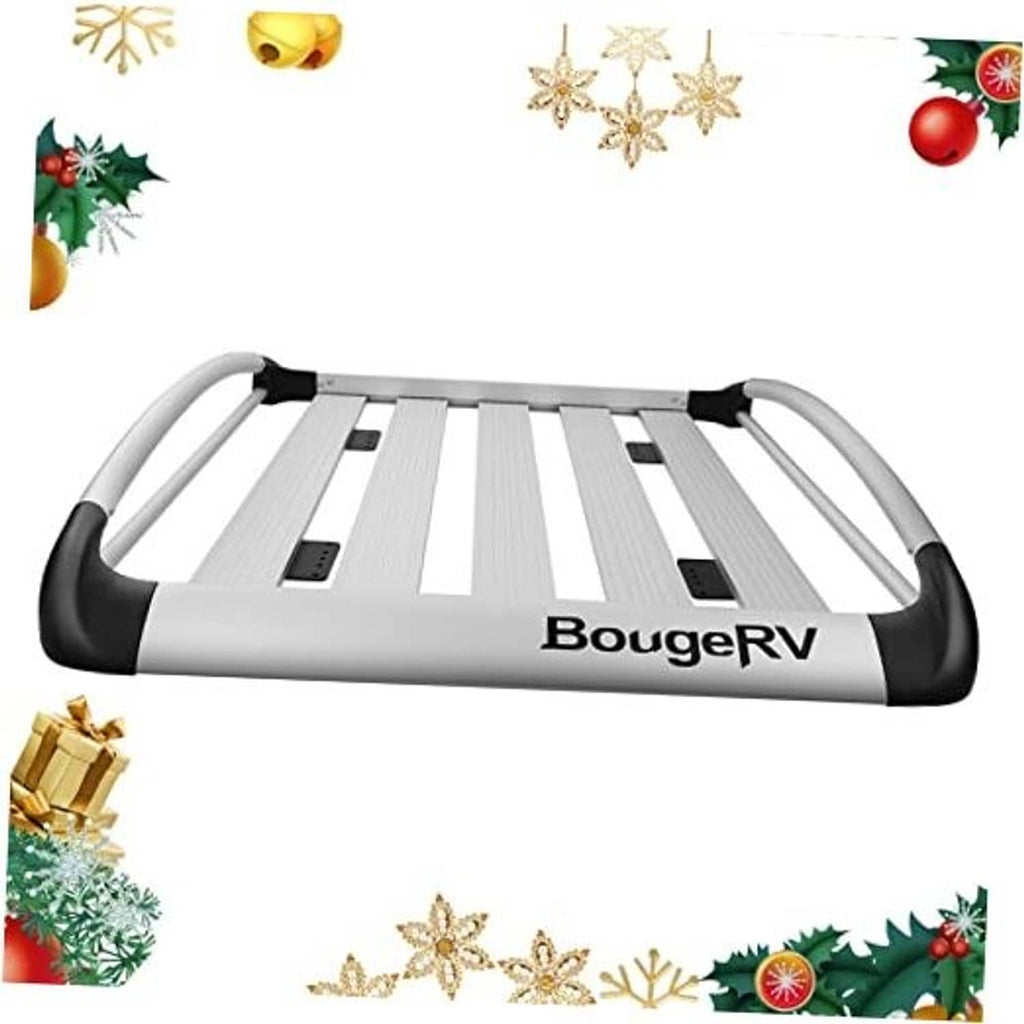 Aluminum rooftop cargo basket with slatted deck and curved rail ends, BougeRV