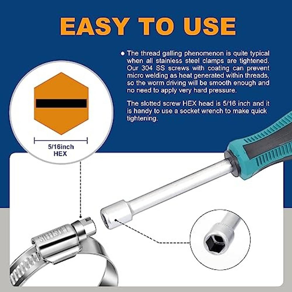 Stainless steel worm gear hose clamp with 5/16 in hex screw for easy tightening