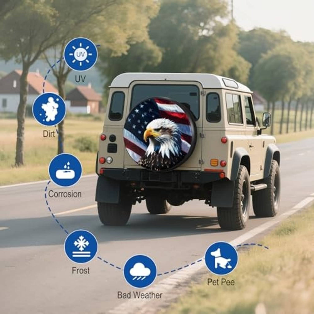 RV spare tire cover featuring bald eagle and American flag graphics