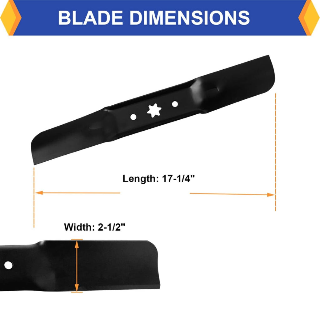 Replacement mower blade with star center hole and mounting holes along the deck