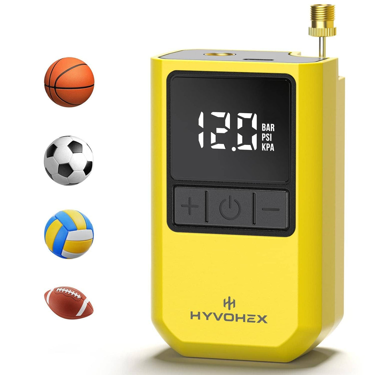 Yellow portable electric ball pump with digital display and metal needle valve