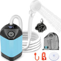 Portable rechargeable shower pump with white hose, handheld showerhead, and mesh storage bag