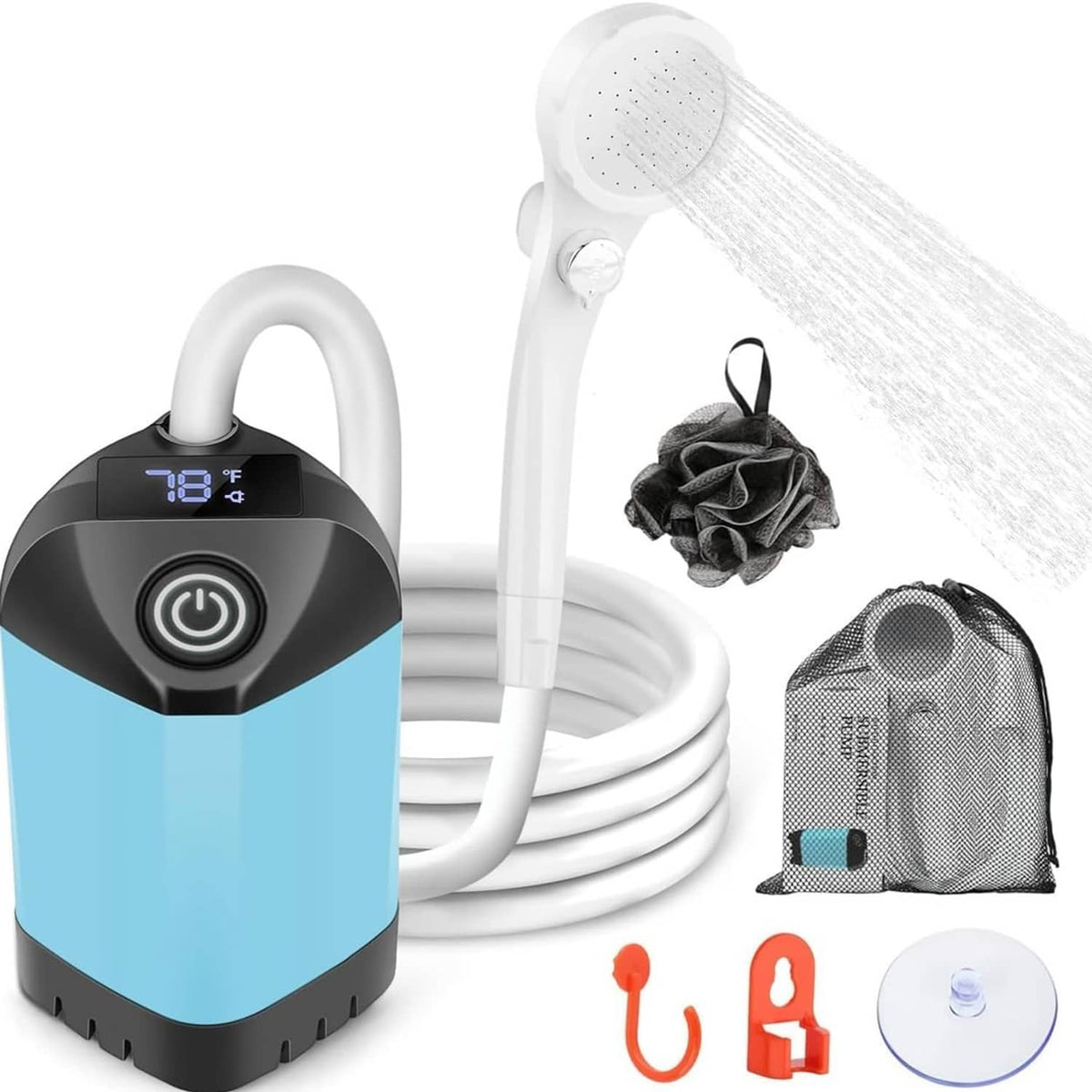 Portable rechargeable shower pump with white hose, handheld showerhead, and mesh storage bag