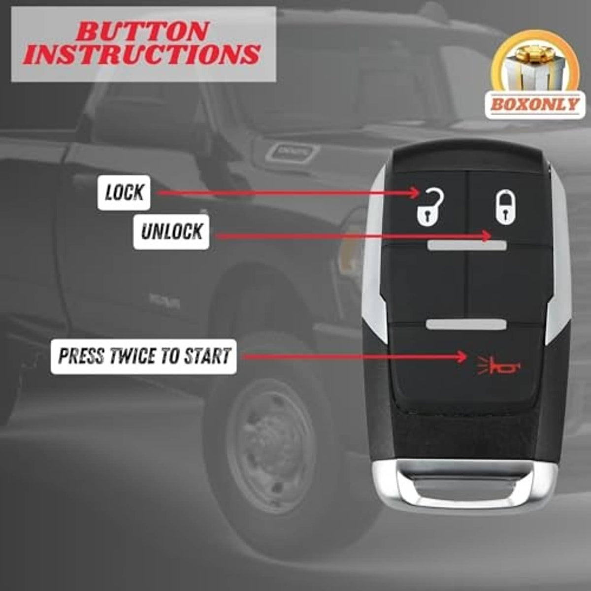 Black keyless entry remote key fob with lock/unlock buttons and red indicator, front view