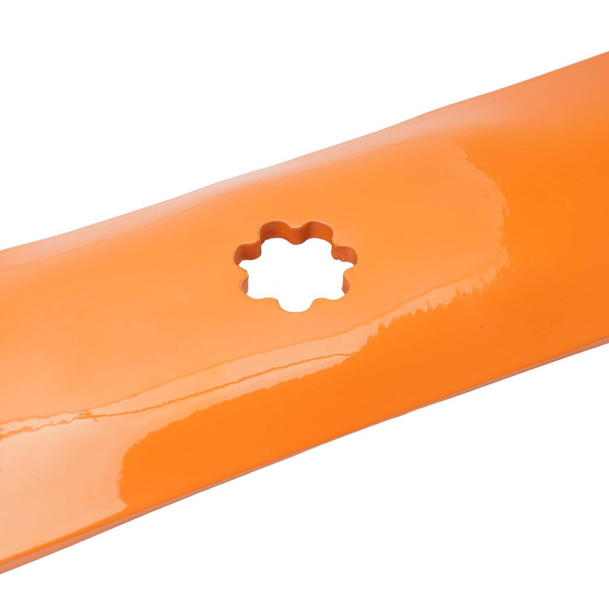 Mower deck blade segment, orange metal with circular mounting hole near center