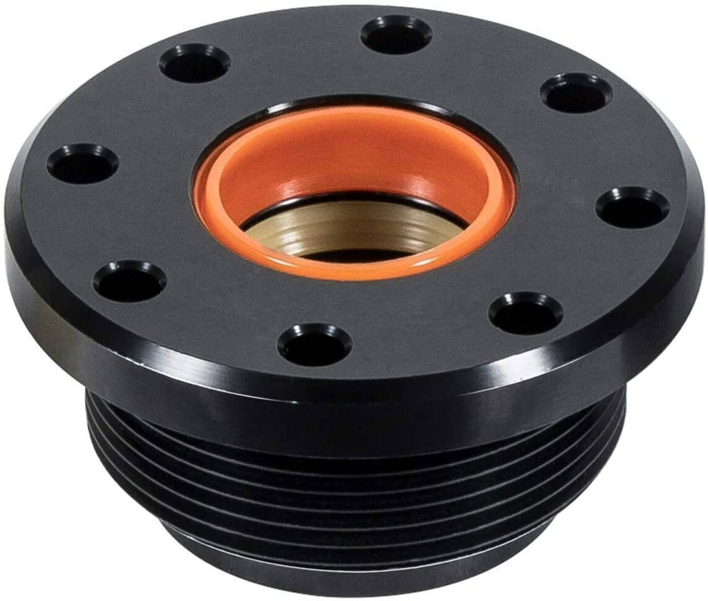 Black hydraulic steering seal housing with orange rubber seal and bolt holes