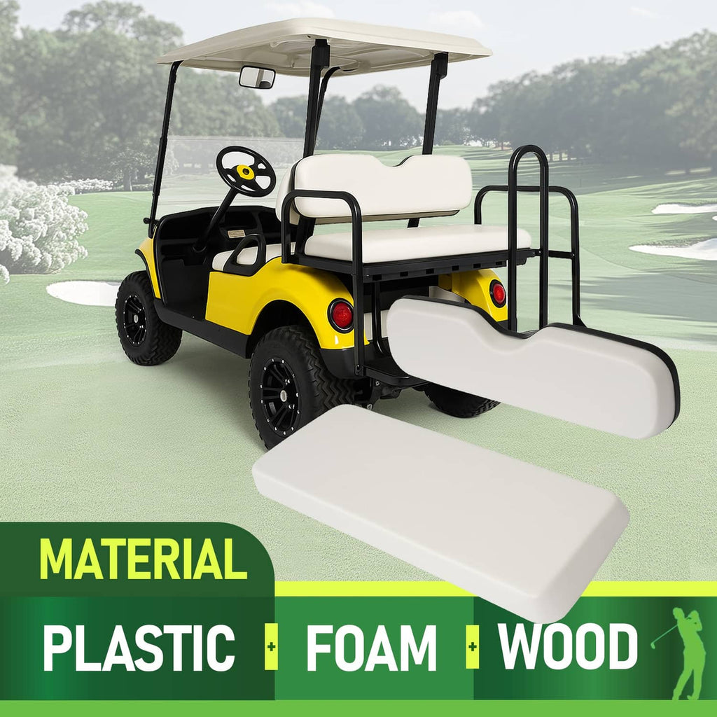 White seat bottom and backrest cushions mounted on a golf cart