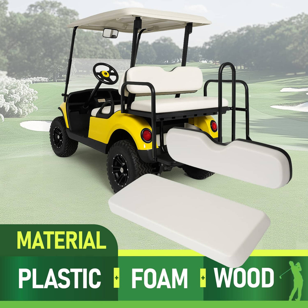 White seat bottom and backrest cushions mounted on a golf cart