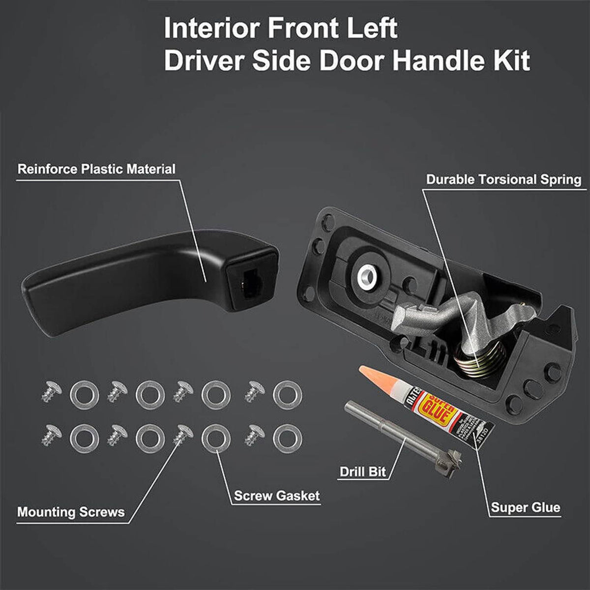 Interior front driver door handle kit for left side with handle, spring and glue.