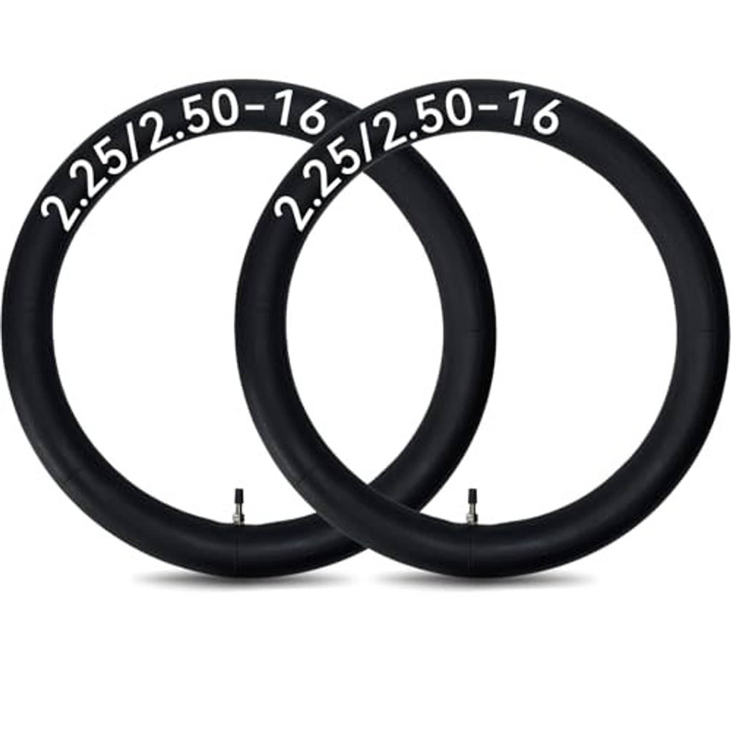 Two black inner tubes for dirt bike tires, 2.25/2.50-16 size markings and valves.