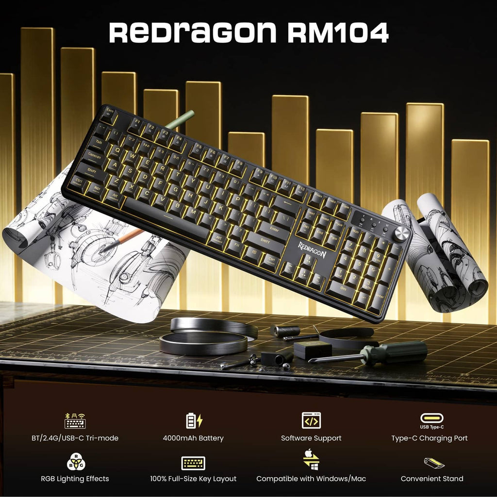 Grayish-black gaming keyboard, angled view, with RGB keys and top-right knob.