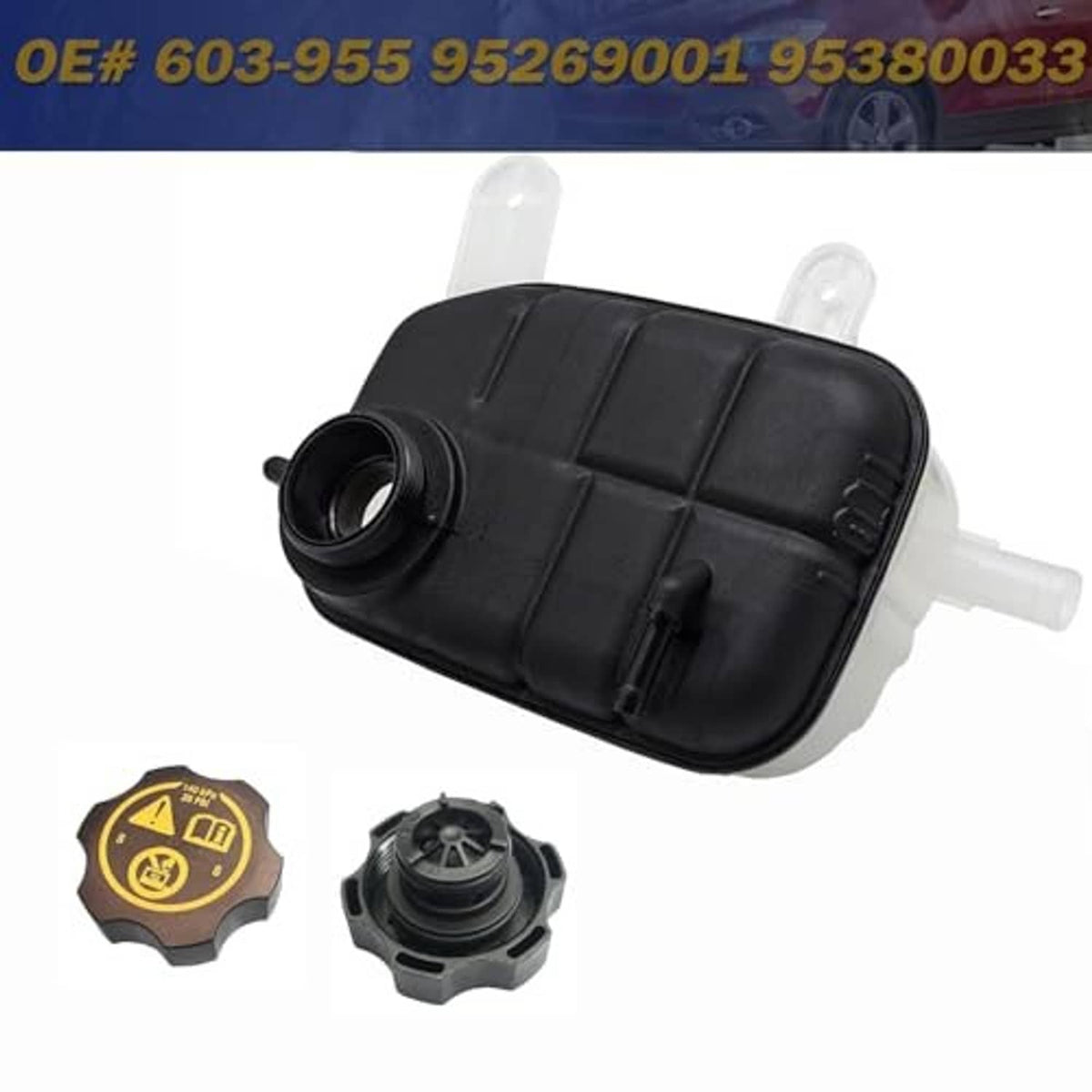 Black coolant reservoir tank with yellow cap, plus mounting connector and cap insert
