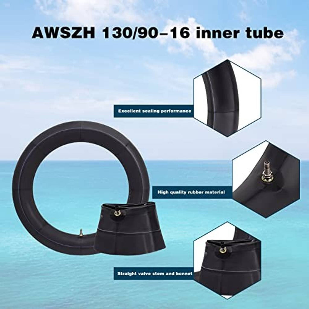 Black motorcycle inner tube with valve stem and close-up inset detail