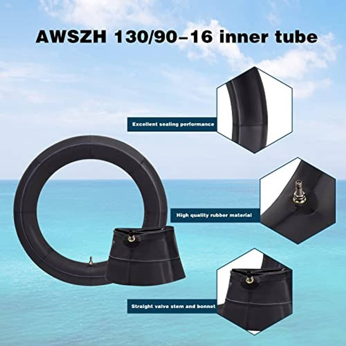 Black motorcycle inner tube with valve stem and close-up inset detail