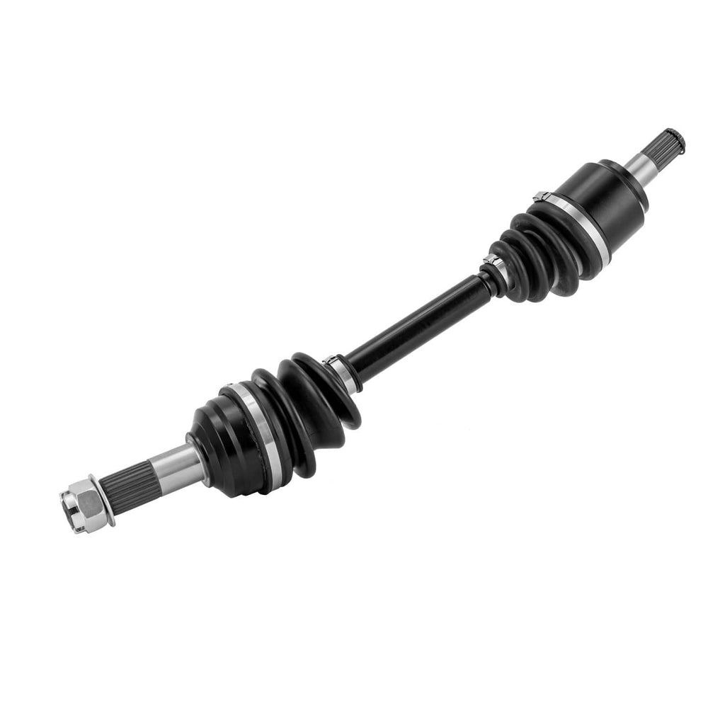 CV axle shaft with black rubber boot and silver splined ends