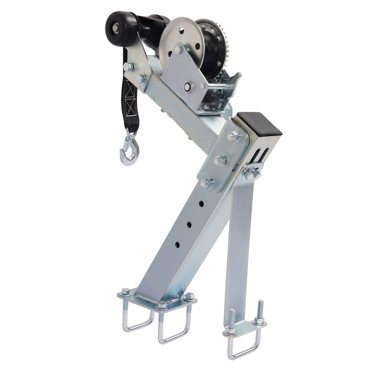 Adjustable winch stand with pulley drum, crank lever, and dual front stabilizer feet