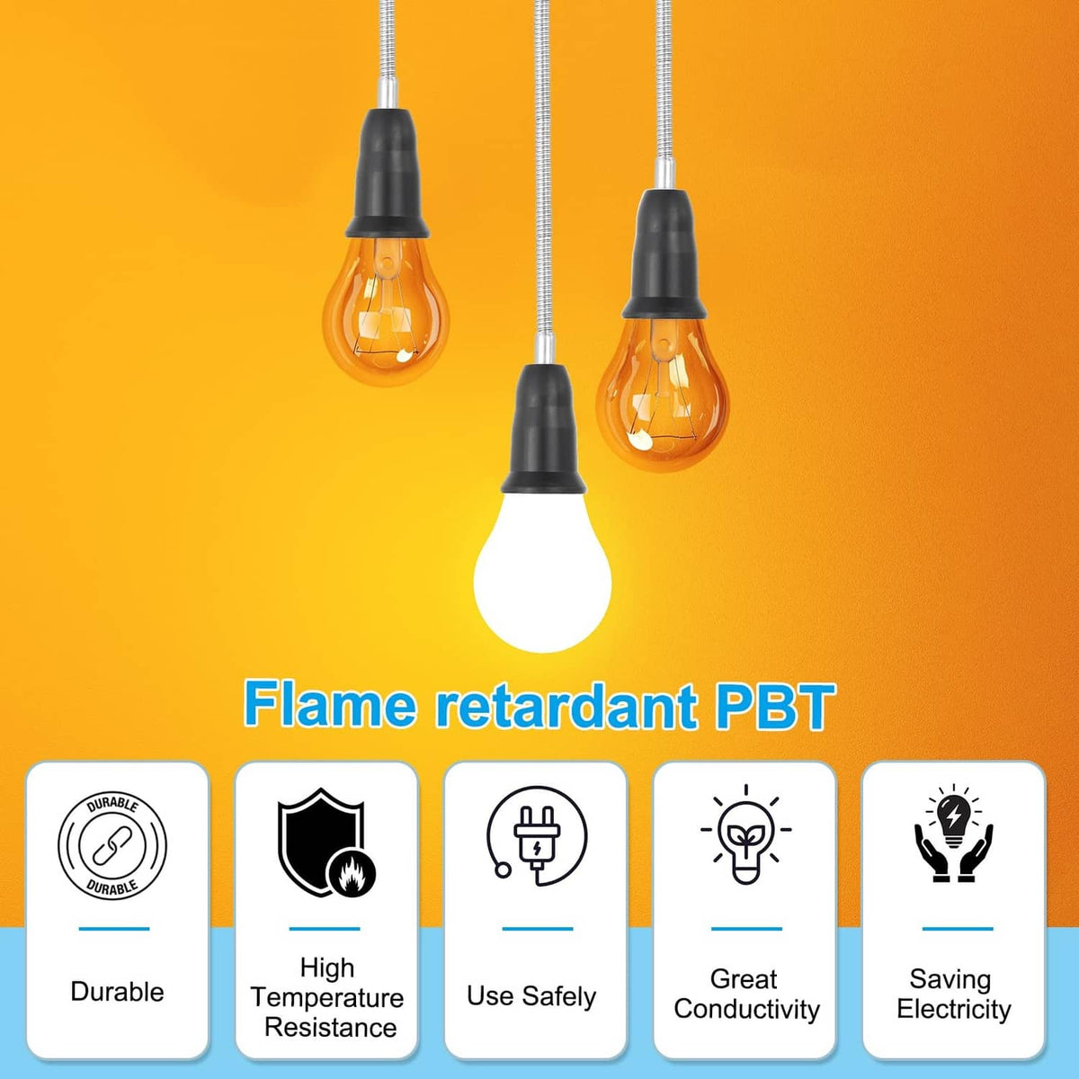 Flexible light socket extenders with black housings and silver metal-wrapped cords for E26/E27