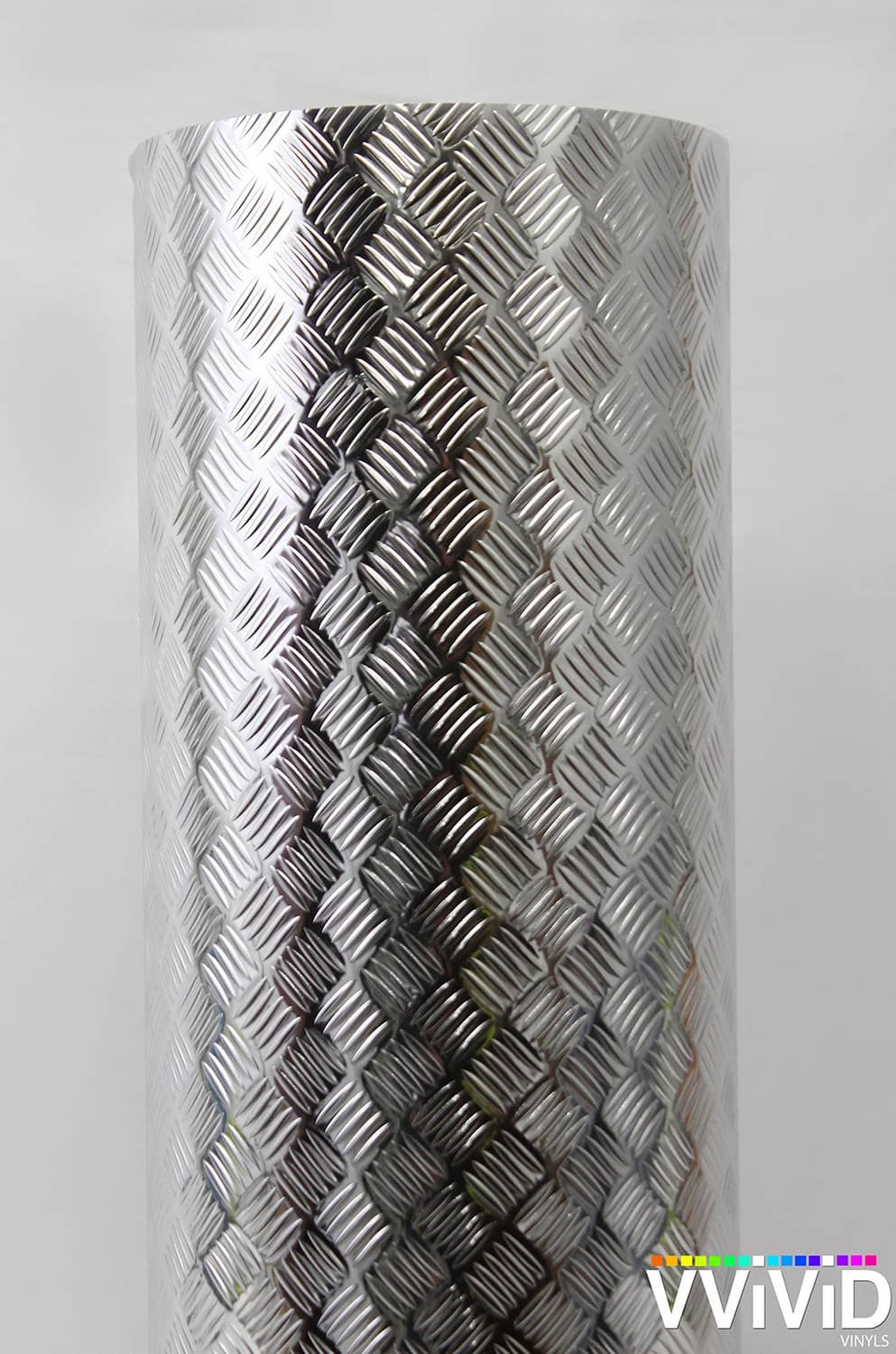 Diamond-plate metallic chrome vinyl wrap sheet roll, silver embossed texture