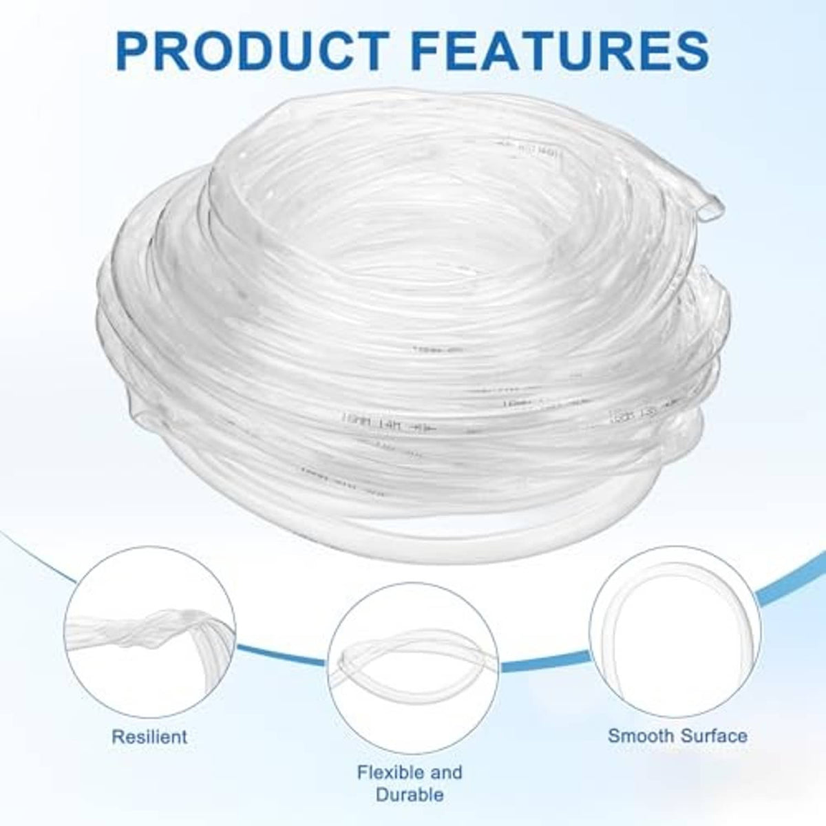 Clear flexible vinyl tubing coil with smooth transparent surface details, flexible plastic.