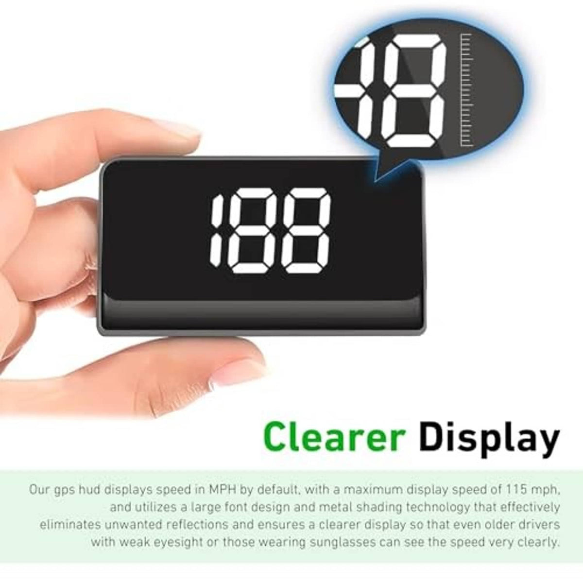 Car head-up display held in hand, showing 108 speed readout on black screen