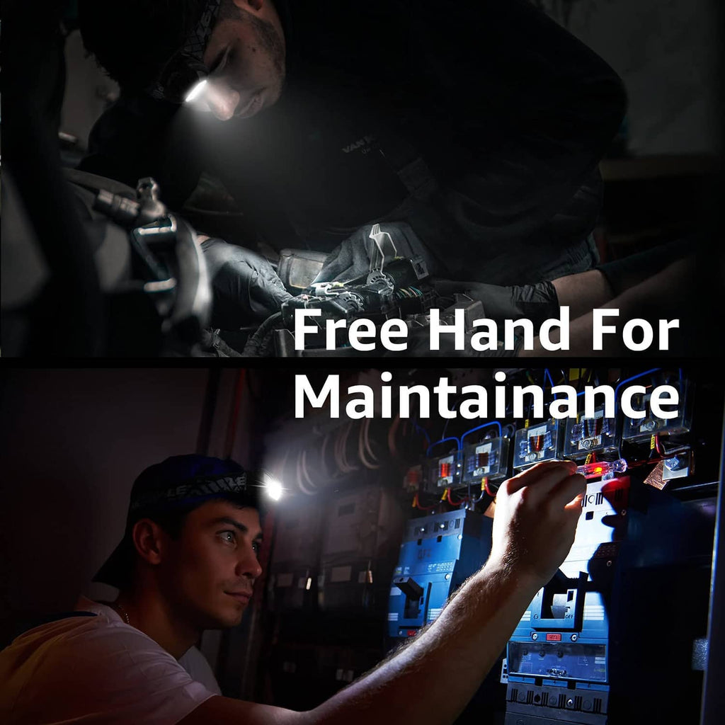 Rechargeable headlamp on forehead of a mechanic, hands-free work light visible