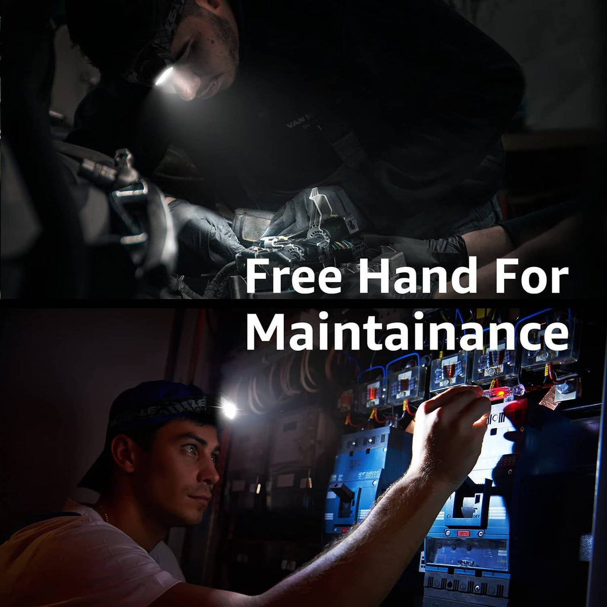 Rechargeable headlamp on forehead of a mechanic, hands-free work light visible