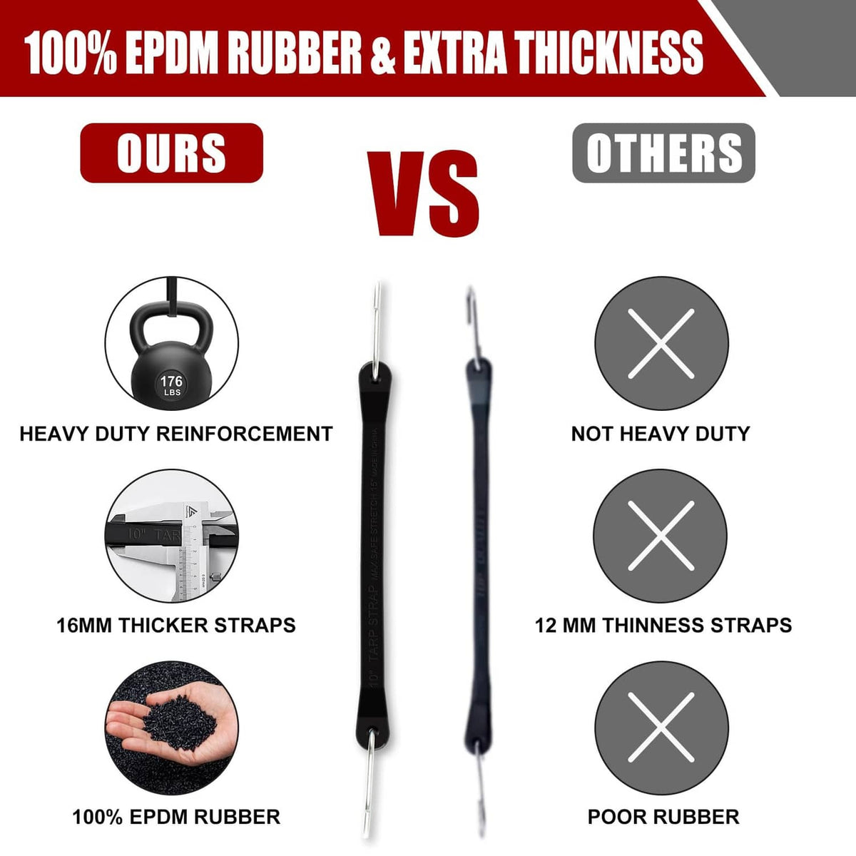 Black EPDM rubber bungee cord straps with metal hooks, extra-thick design