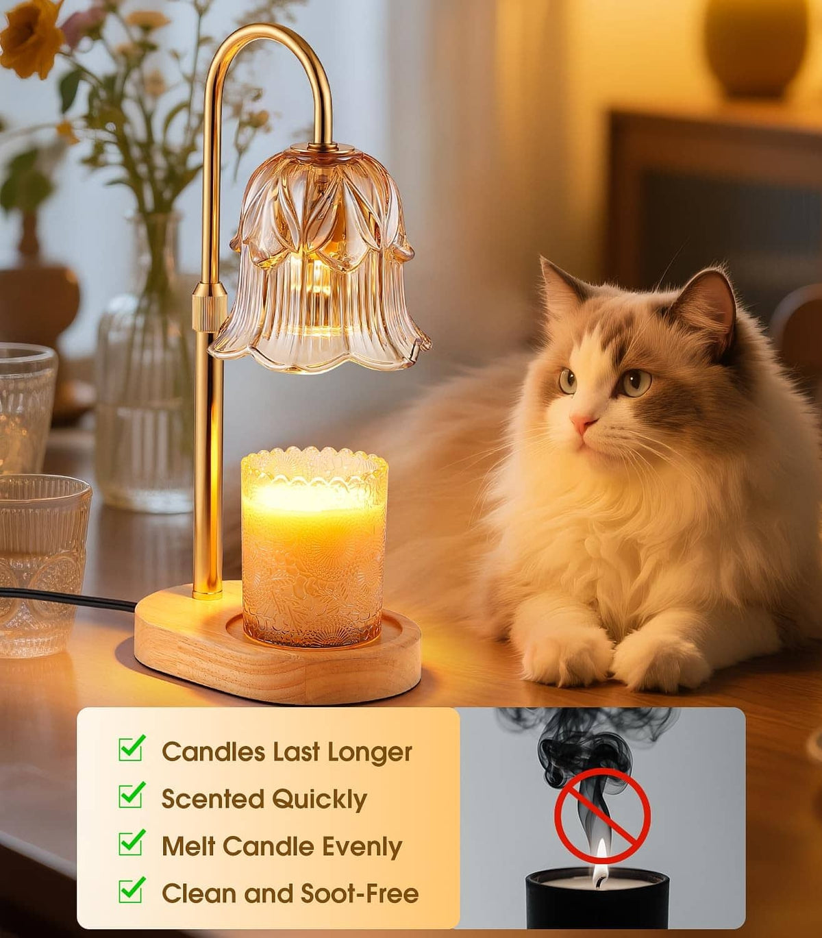 Electric candle warmer lamp on wood base with amber glass bell shade