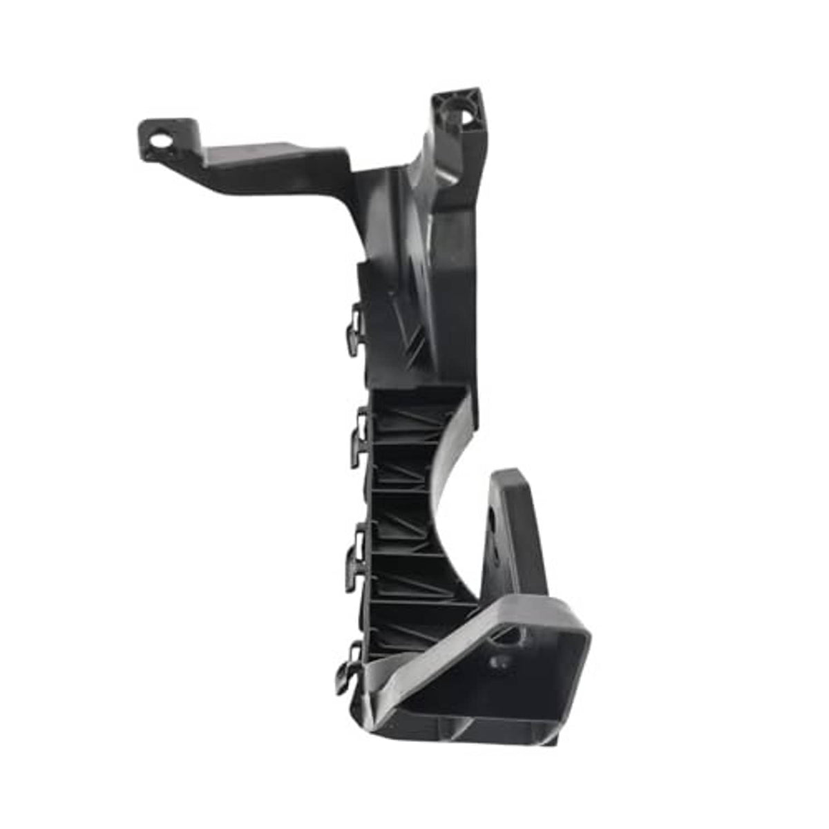 Single black plastic bumper support bracket with mounting holes and ribbed support structure