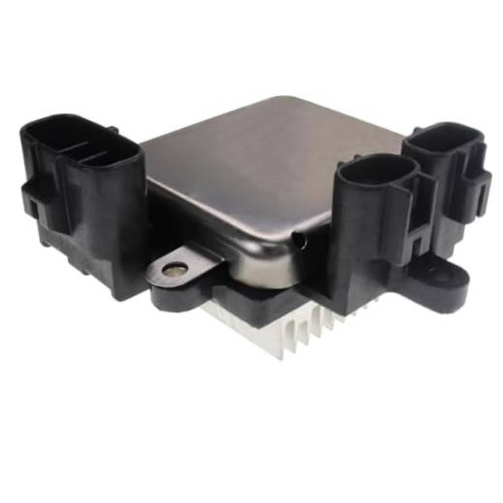 Radiator cooling fan control module with metal housing and black electrical connectors