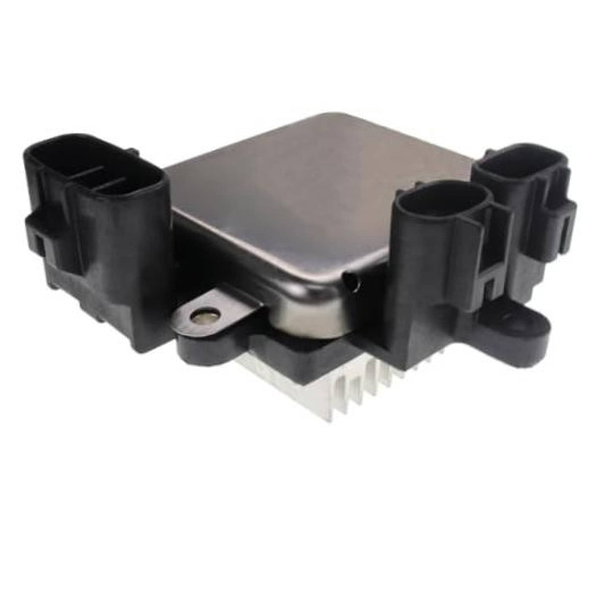 Radiator cooling fan control module with metal housing and black electrical connectors