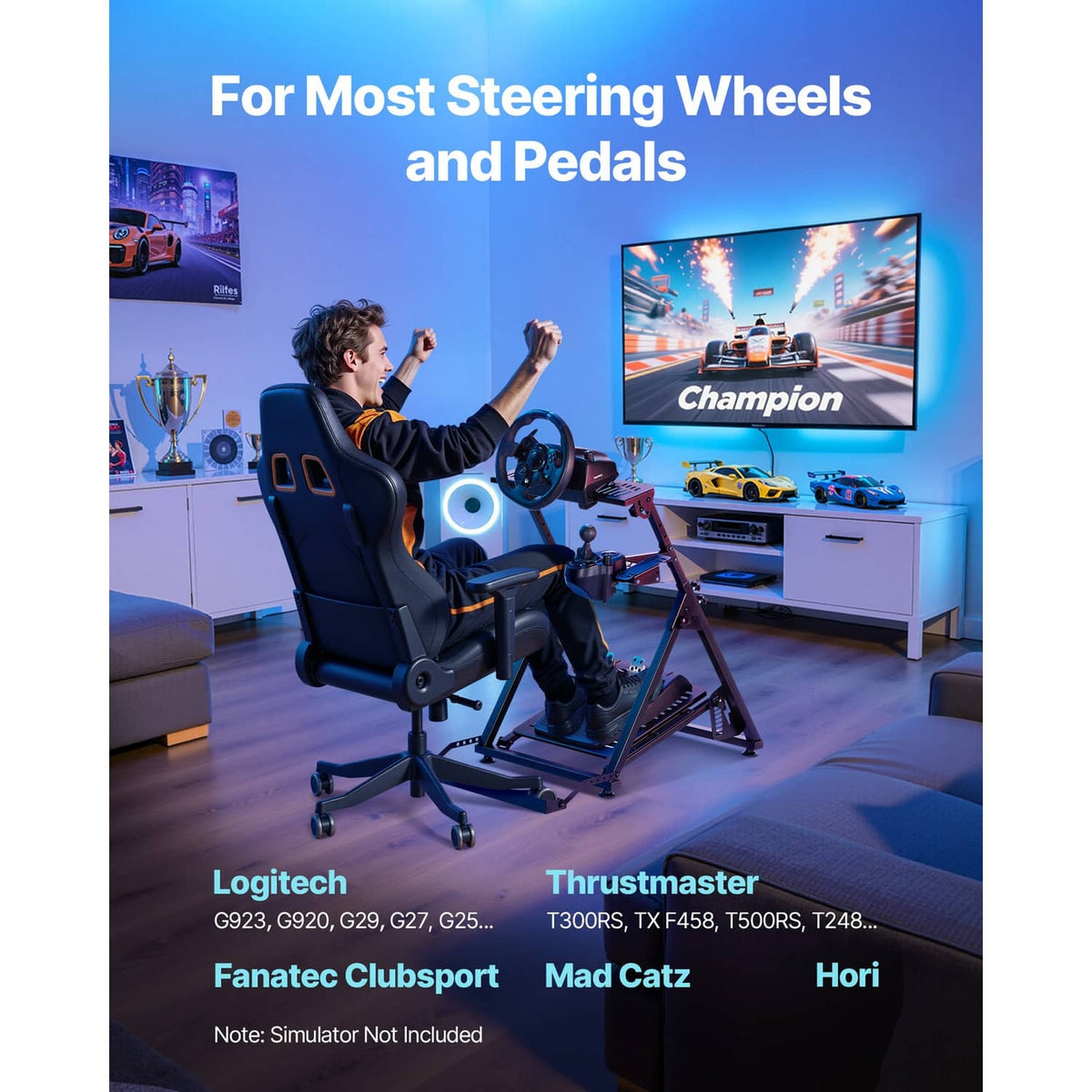 Racing wheel and pedal stand with adjustable frame for gaming setup on chair