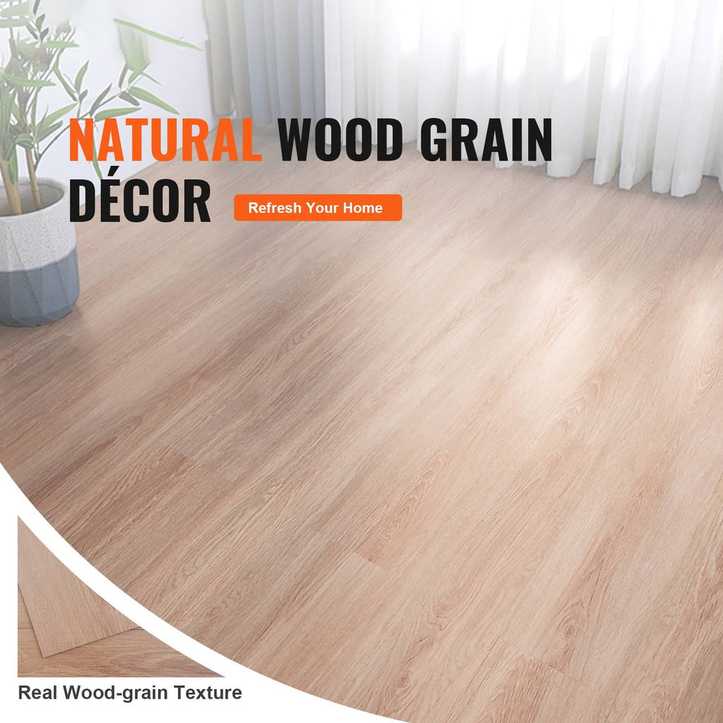 Wood-grain vinyl floor tiles with light beige-brown planks, corner layout view