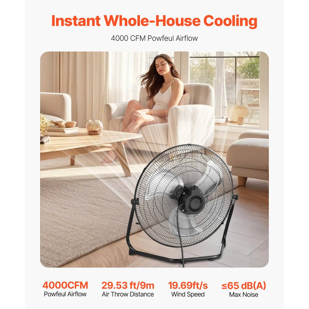 Black metal floor fan on stand with wire grille, shown in a living room
