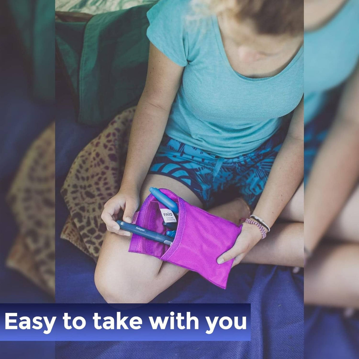 Purple cooling wallet held in hand with black storage interior and strap