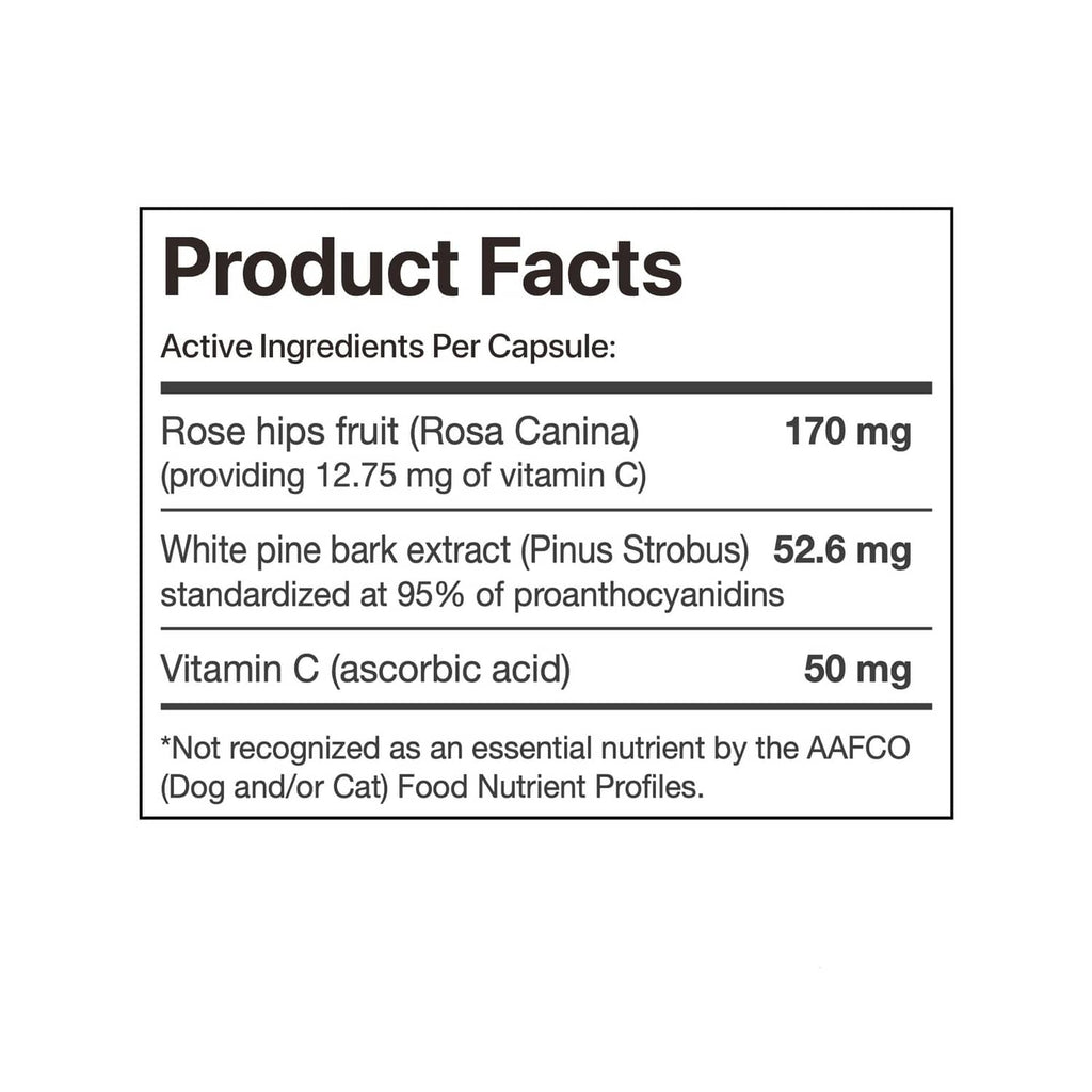Tru-Pine for Pets product facts panel listing rose hips, white pine bark extract, vitamin C