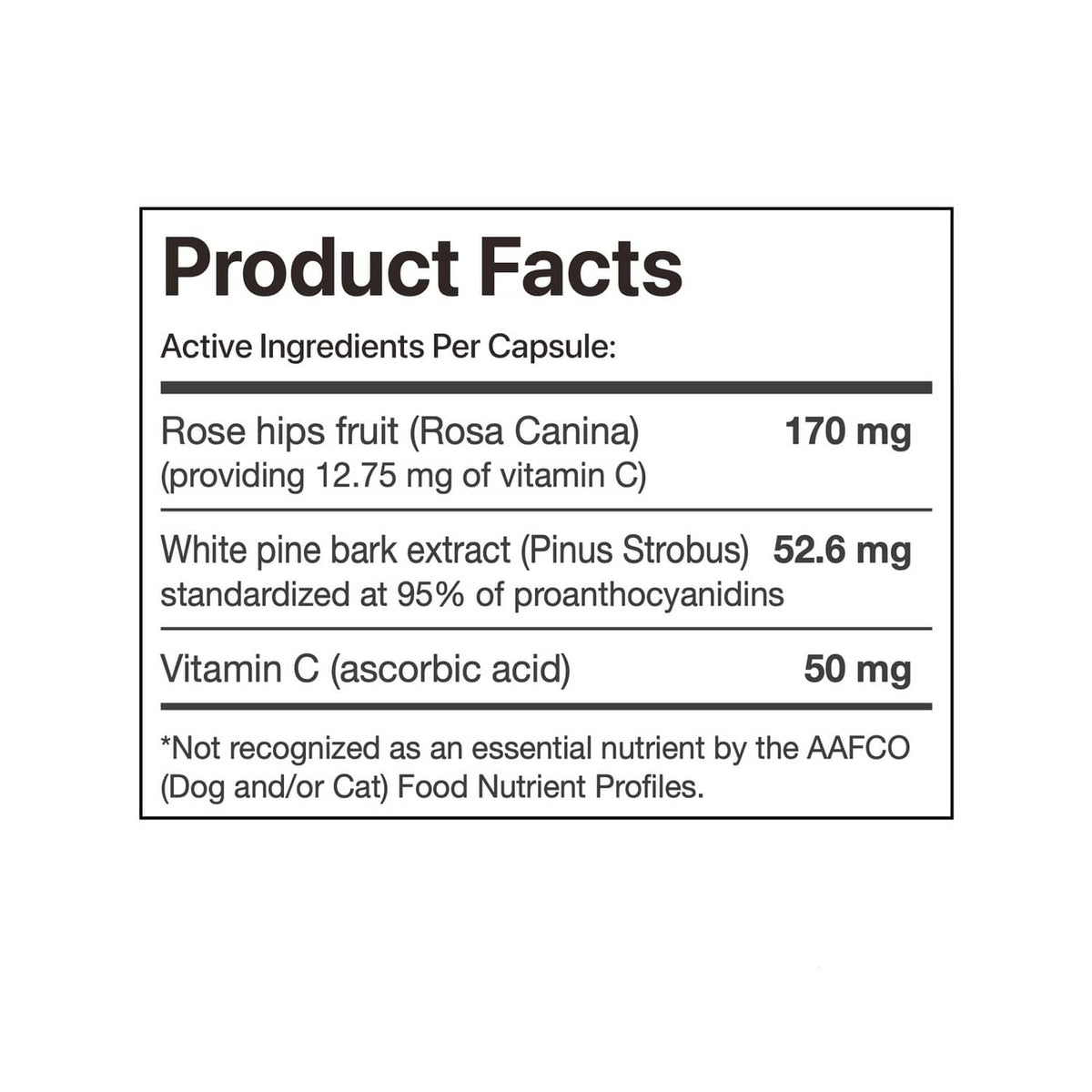 Tru-Pine for Pets product facts panel listing rose hips, white pine bark extract, vitamin C