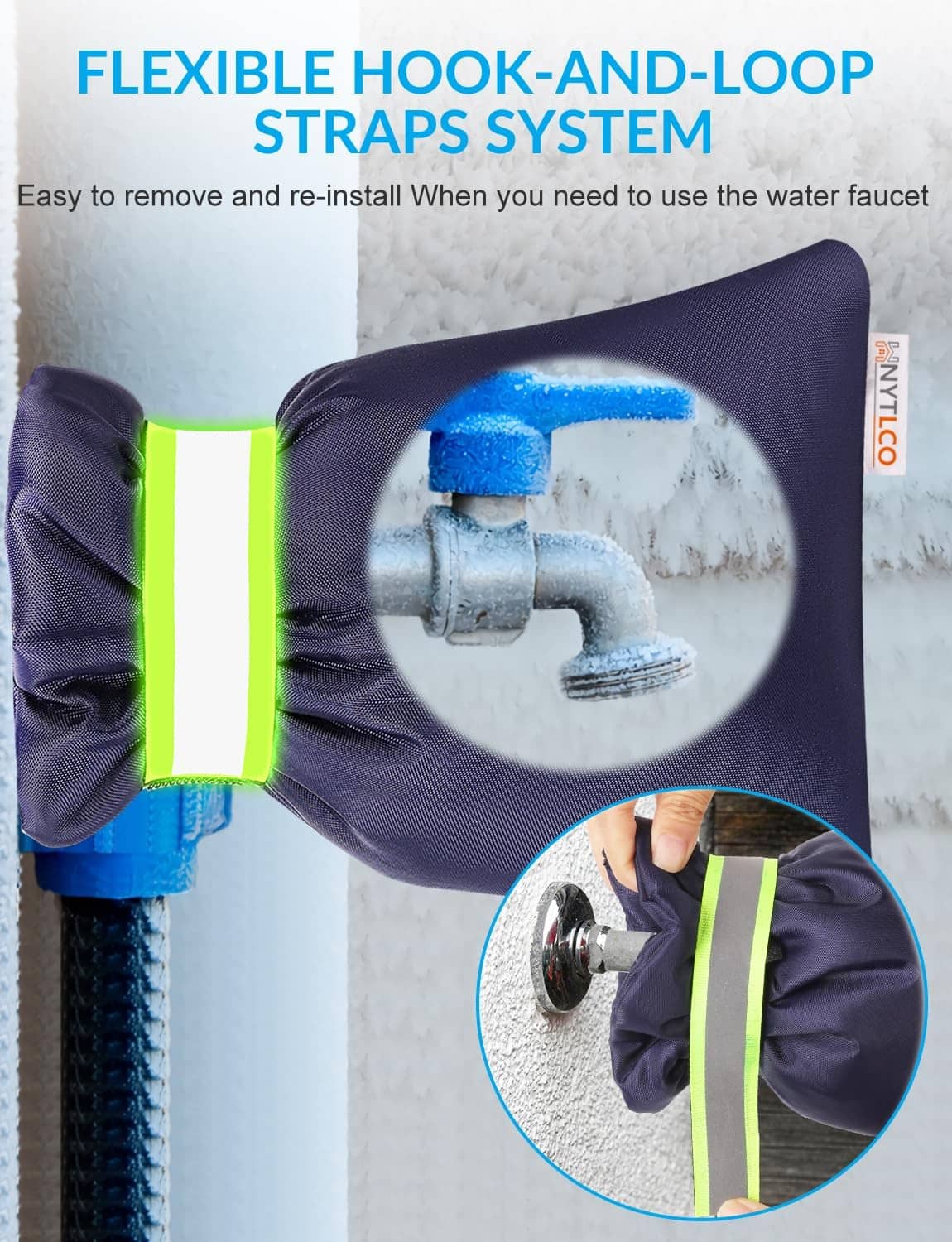 Navy faucet cover with green hook-and-loop strap, placed over a frosty spigot