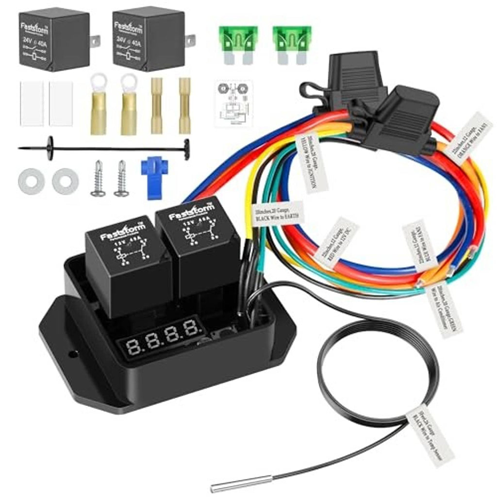 Digital 12V/24V fan switch module with dual black relays and LED display base