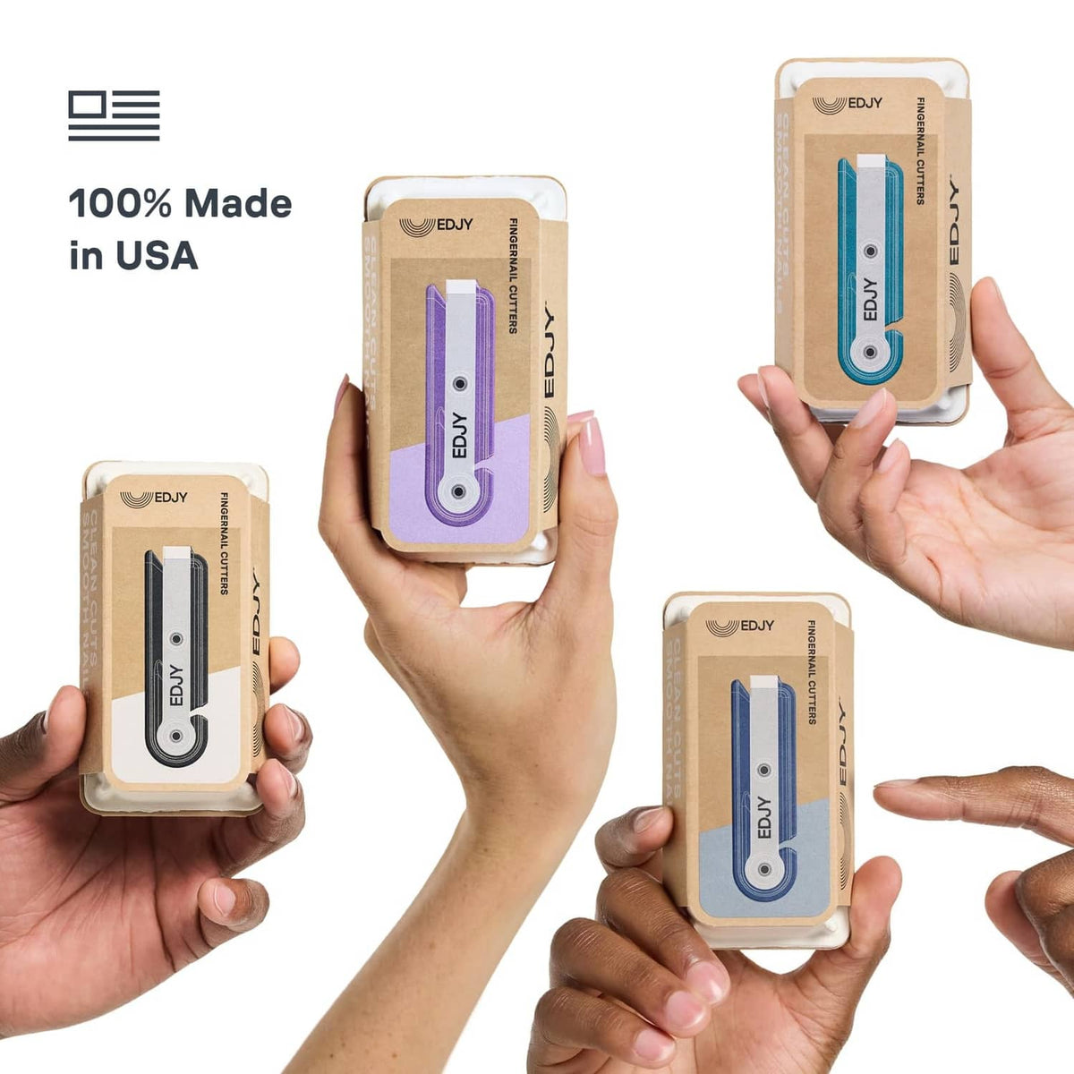 Fingernail cutter 4-pack shown in retail packaging with colorful clipper inside
