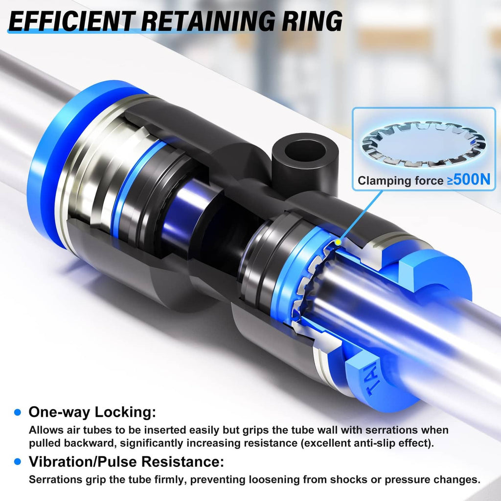 Pneumatic reducing fitting close-up showing blue clamping ring and tube gripping